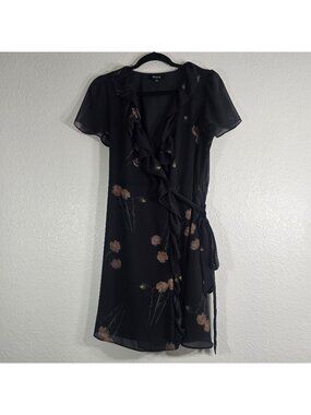 Madewell Wrap Dress Women XS Black Floral Ruffle Trim Short Sleeve Tie Waist